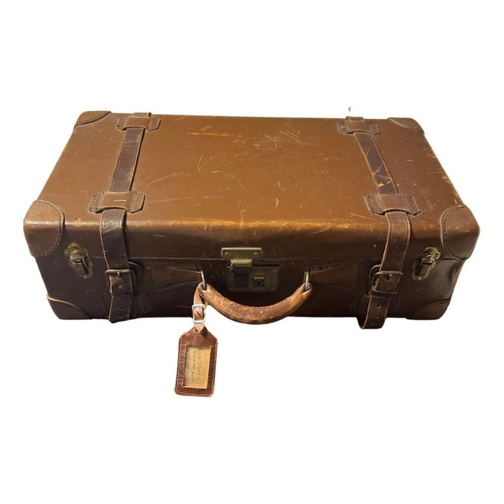 Large Antique Brown Leather Suitcase with Belted Straps 1914 Retro Old Charm